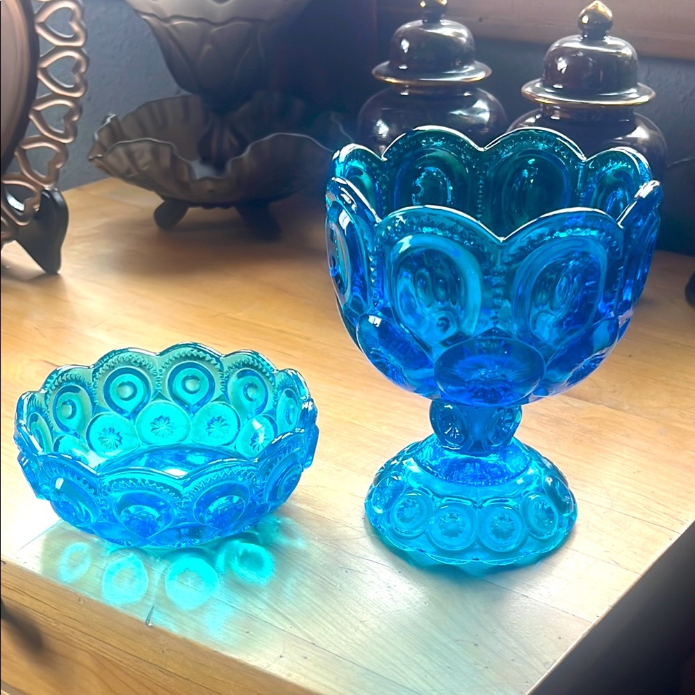 Blue LE Smith moon & stars 2 pc. 5.9” pedestal goblet dish & relish bowl 4.8”